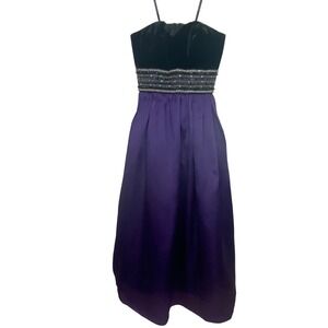 Badgley Mischka Vintage Black Velvet Purple Silk Beaded Strapless Midi Dress 0‎